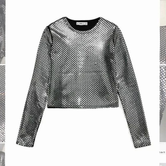 NWT Zara Woman Honeycomb Sweater Metallic Silver Shiny Black Top Size S Small - Picture 2 of 11